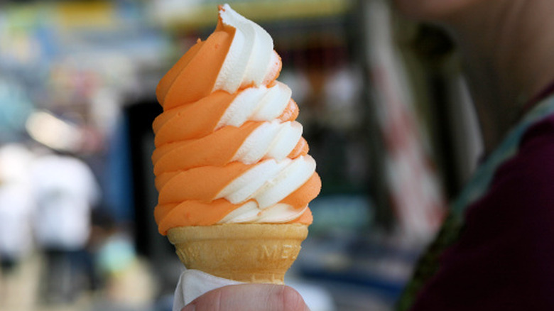 Close-up on a cone of soft-serve frozen custard