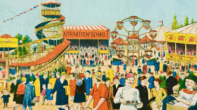 Vintage color illustration of visitors at a carnival