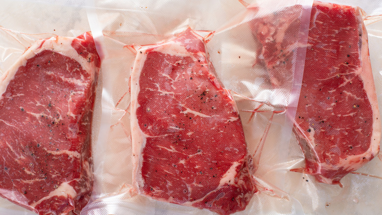 Close up of beef steaks vacuum sealed and ready to be cooked sous vide