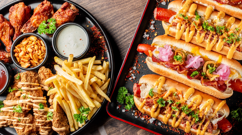 Overhead view of assorted fast food items on a table