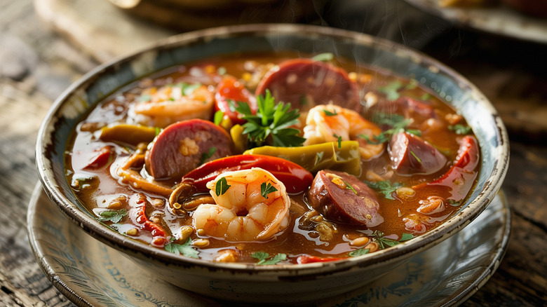 A bowl of gumbo with shrimp and sausage mixed with vegetables