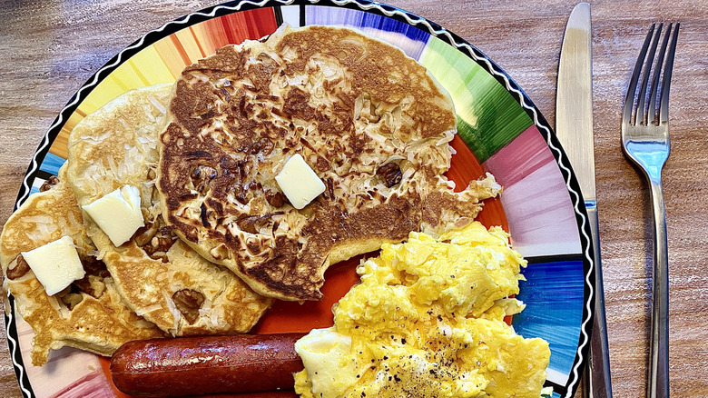 Pancakes, sausage, and eggs