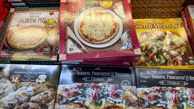Assorted Trader Joe's frozen pizzas.
