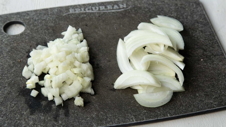 sliced and diced onions on cutting board