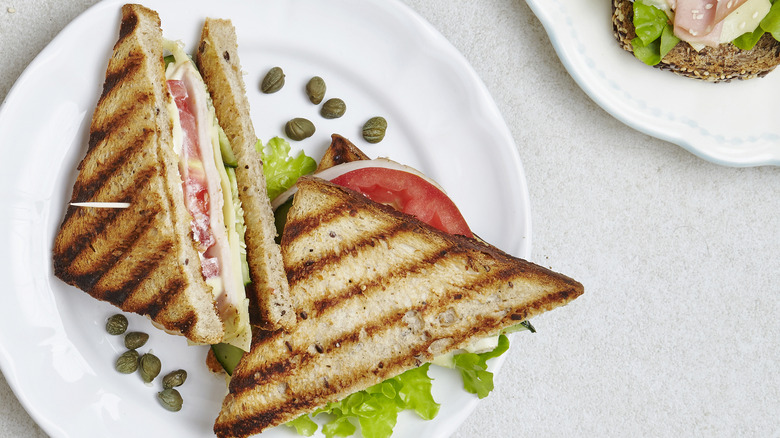 Overhead view of a club sandwich