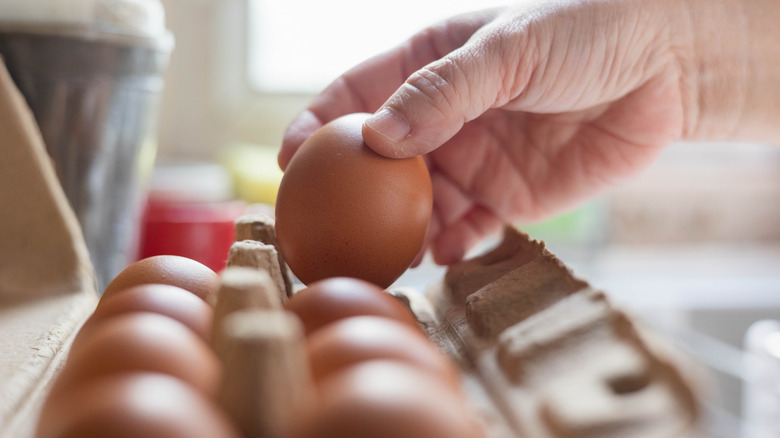 A hand taking a brown egg from an eggbox