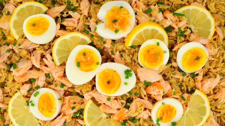 Overhead view of a dish of kedgeree