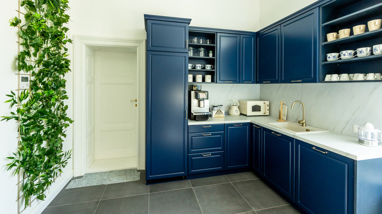 Kitchen with dark blue cabinets