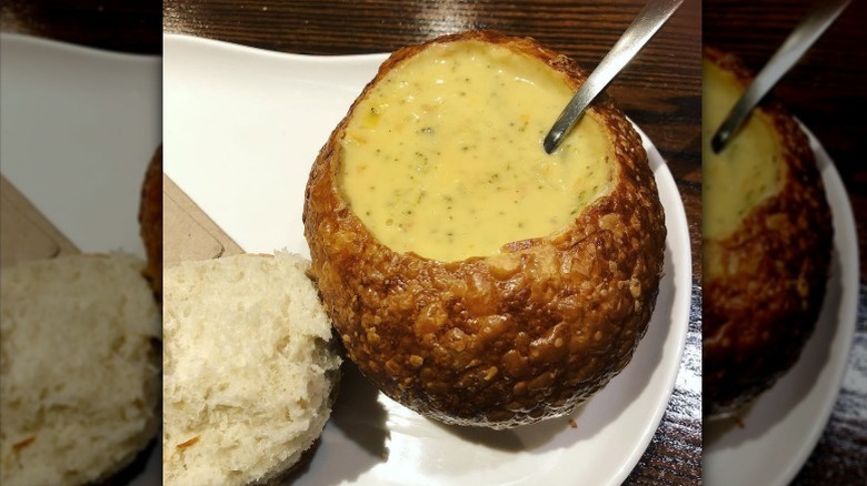 Panera Bread soup in a bread bowl on a plate