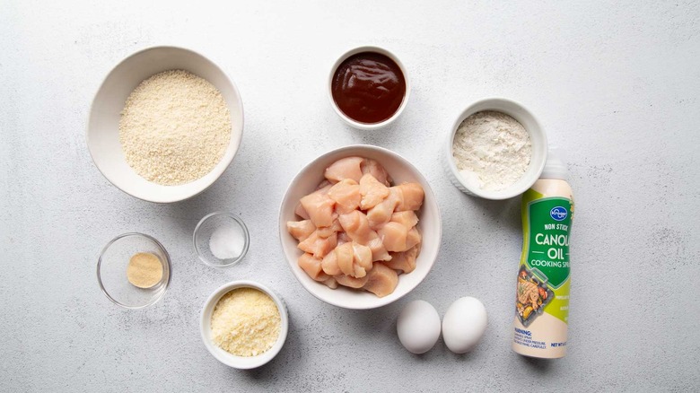 Popcorn chicken ingredients on white counter