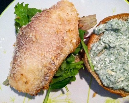 Panko-Crusted Tilapia Sandwich with Garlic-Dill Mayonnaise