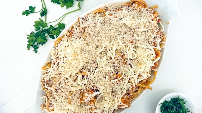 casserole topped with mozzarella cheese  