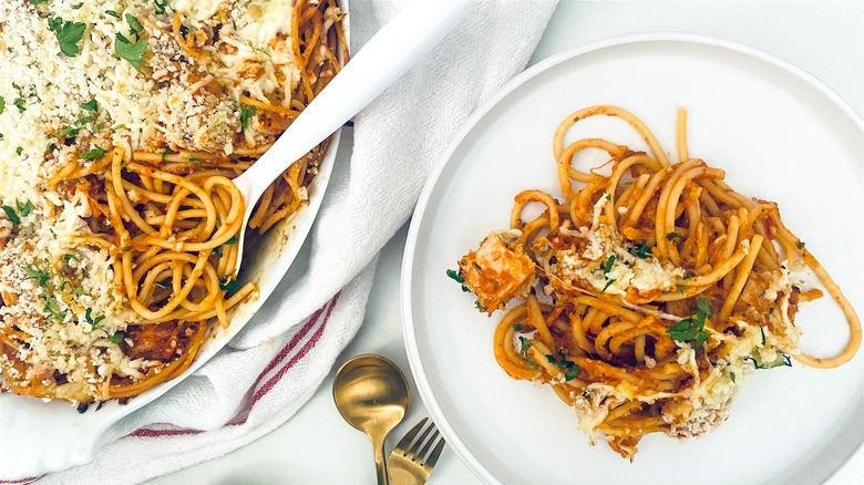 spaghetti casserole on plate 