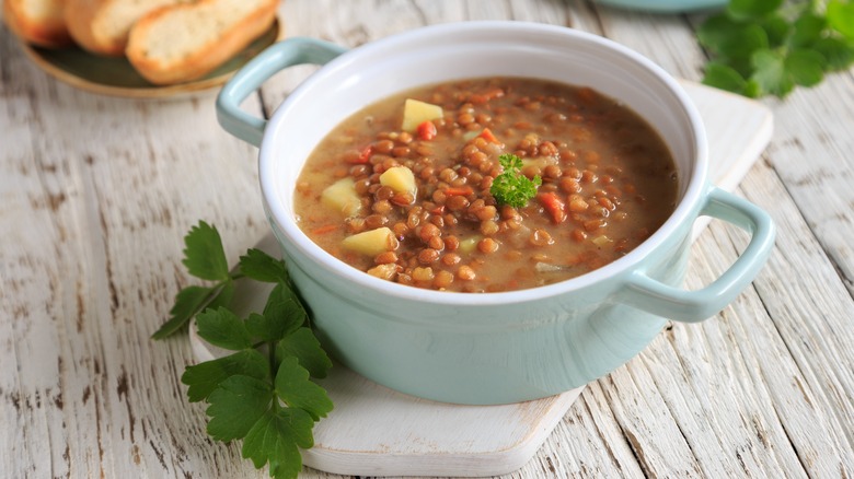 Chunky lentil soup in dish