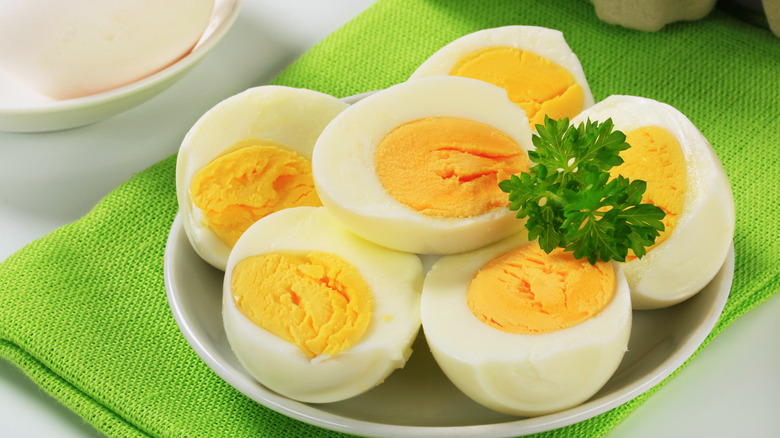 Hard-boiled eggs on a dish