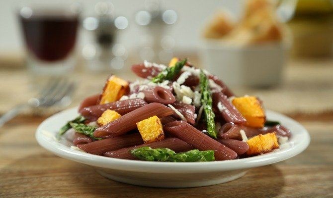 Penne with Red Wine Reduction, Roasted Butternut Squash, and Asparagus with Parmigianino