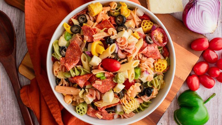 colorful bowl of pasta salad with pepperoni