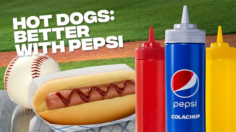 Pepsi Colachup, ketchup, mustard, hot dog, and baseball