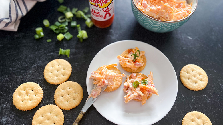 pimento cheese on cracker 