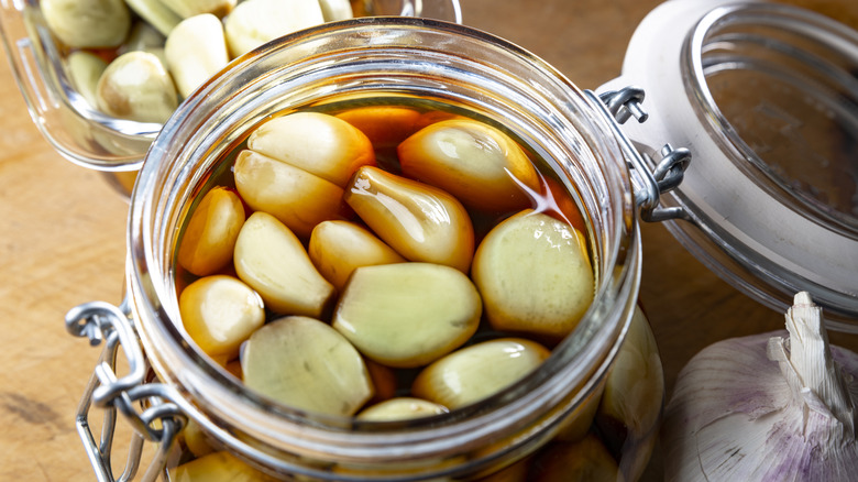 pickled garlic cloves in jar