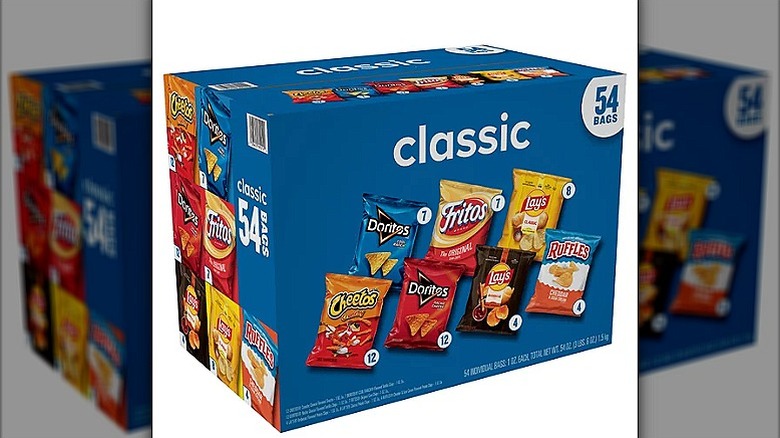a value box of assorted Frito Lay snacks with fritos, doritos, nachos, ruffles, and cheetos