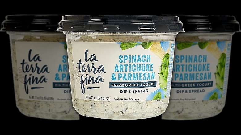 a tub of La Terra Fina spinach artichoke and parmesan dip made with greek yogurt