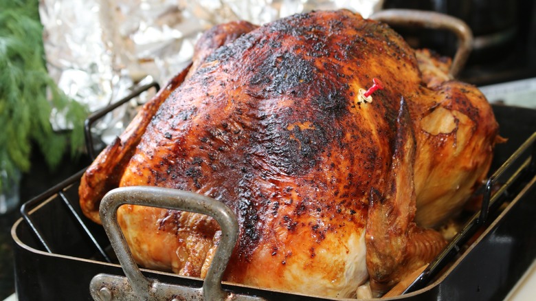 cooked turkey with pop-up thermometer
