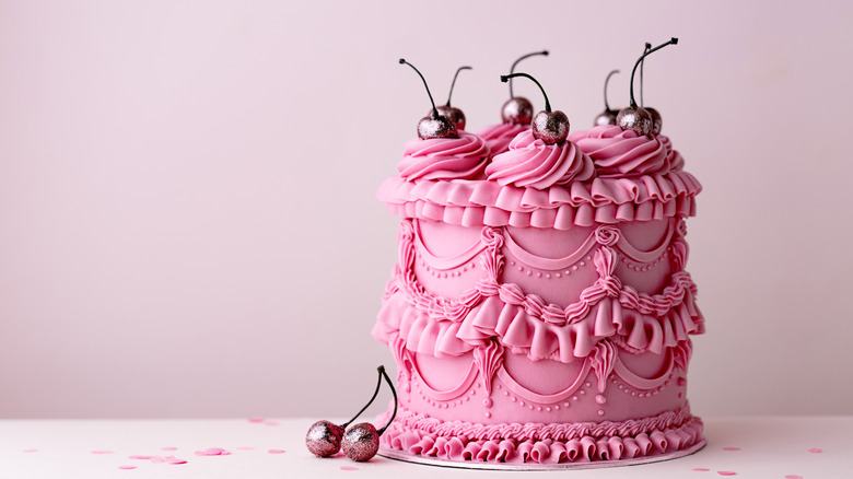 pink vintage cake with cherries