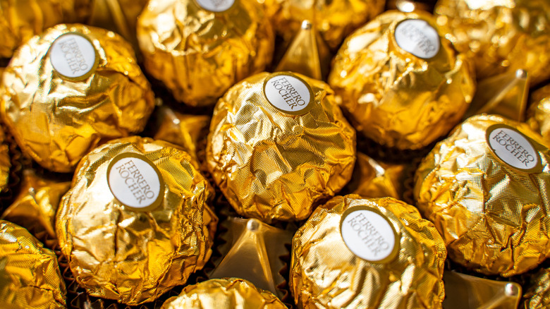 Closeup of Ferrero Rocher balls wrapped in golden foil