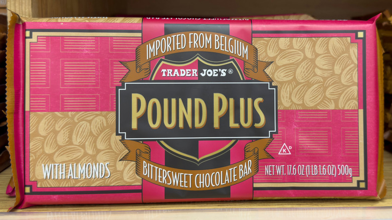 A Trader Joe's Pound Plus chocolate bar with almonds