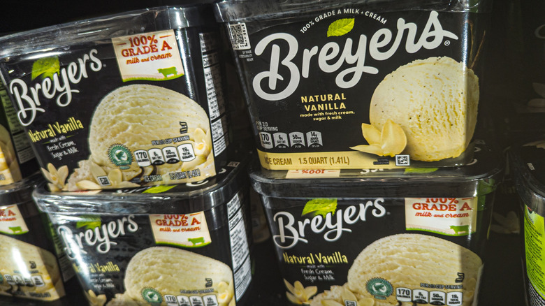 Cartons of Breyers vanilla ice cream