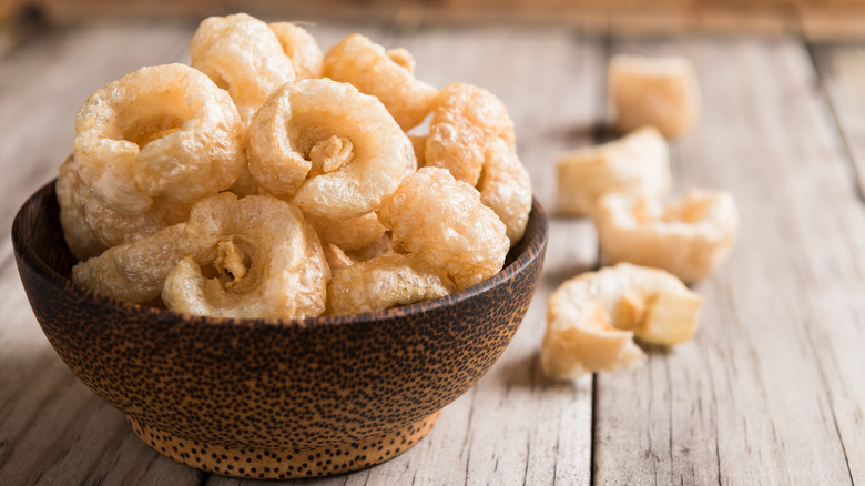 Crunchy pork rinds in a bowl