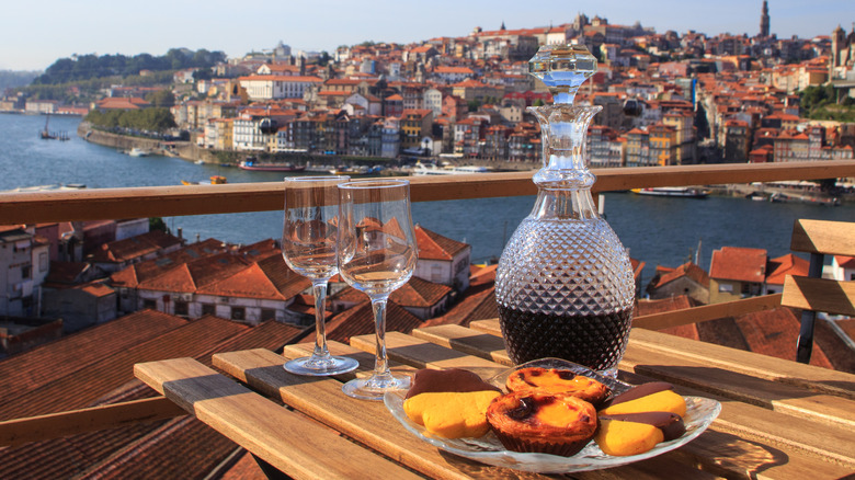 decanter of port and bites in Portugal