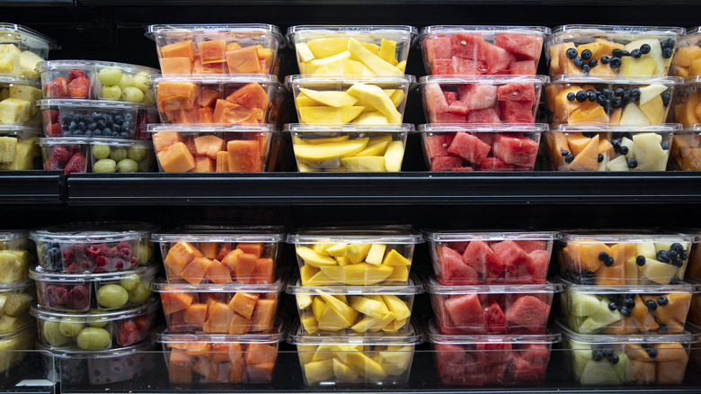 Cut fruit on supermarket shelves