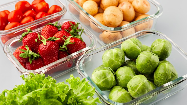 vegetables and fruits in glass containers