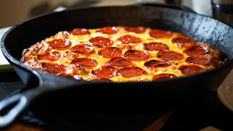 Pepperoni pizza in cast iron skillet