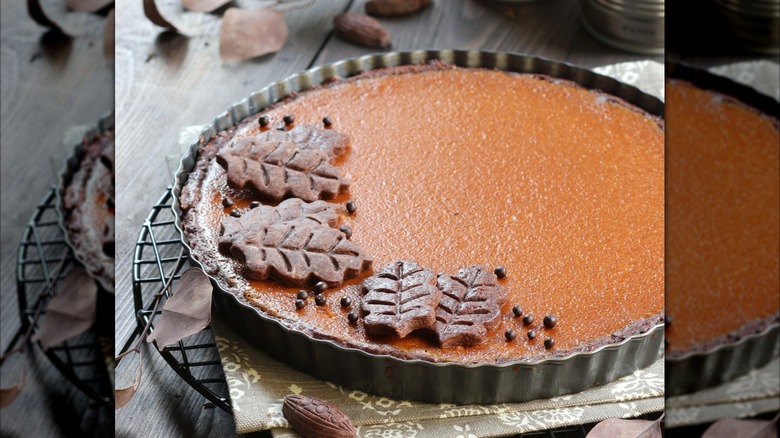 Pumpkin pie with a dark chocolate crust