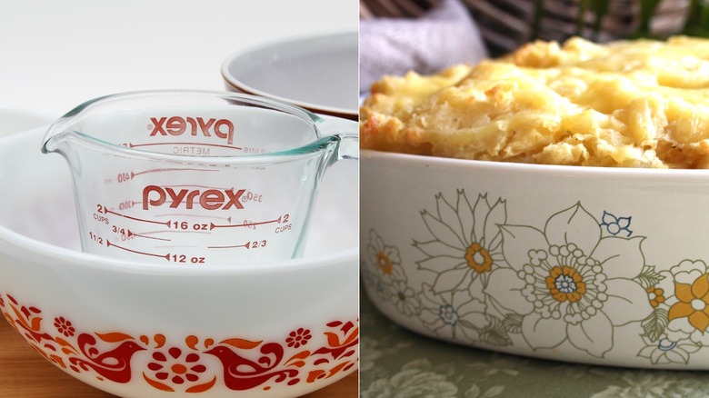 Pyrex dish and measuring cup side by side with CorningWare casserole dish