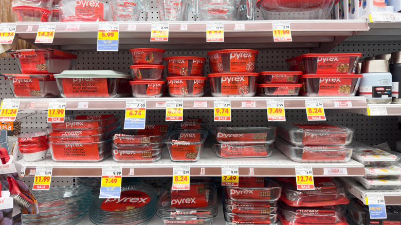 A variety of Pyrex products arranged on store shelves