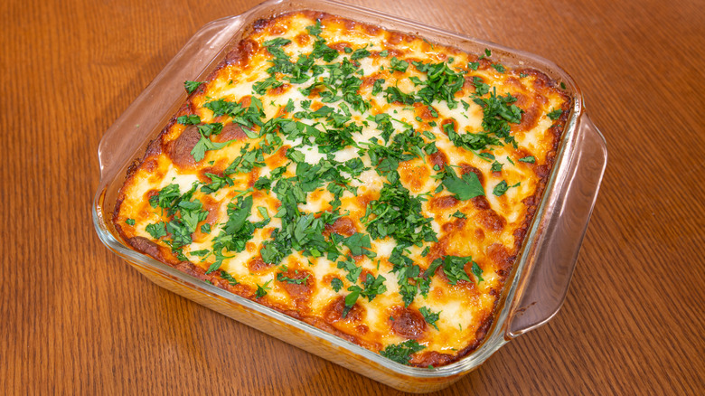 Casserole in square glass baking dish