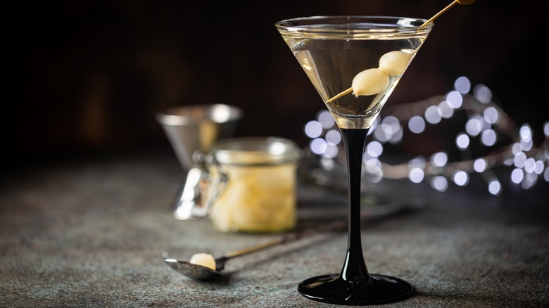 Gibson martini with jar of onions and jigger