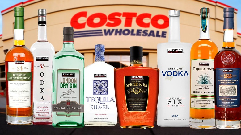 Costco building with a line of differing liquor bottles in front