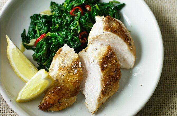 Really Juicy Chicken Breasts with Garlic Spinach