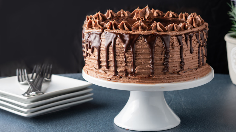 decadent chocolate cake on a serving platter