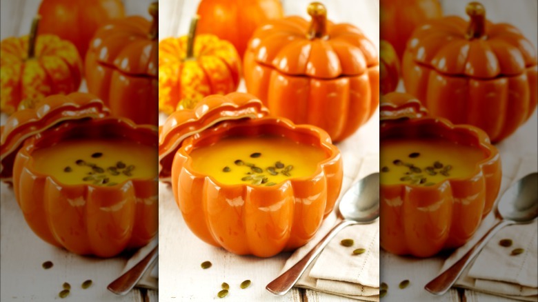 Pumpkin decor with pumpkin soup in it