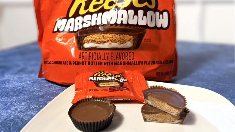 Reese's marshmallow cup sliced in half on a plate, in front of the product package