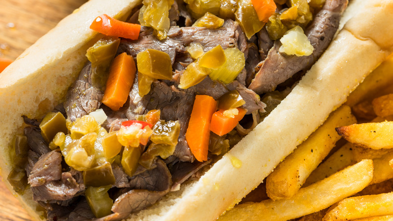 An Italian Beef sandwich with peppers