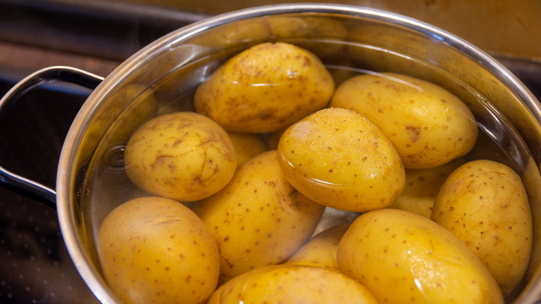 Whole potatoes in a silver pot filled with water