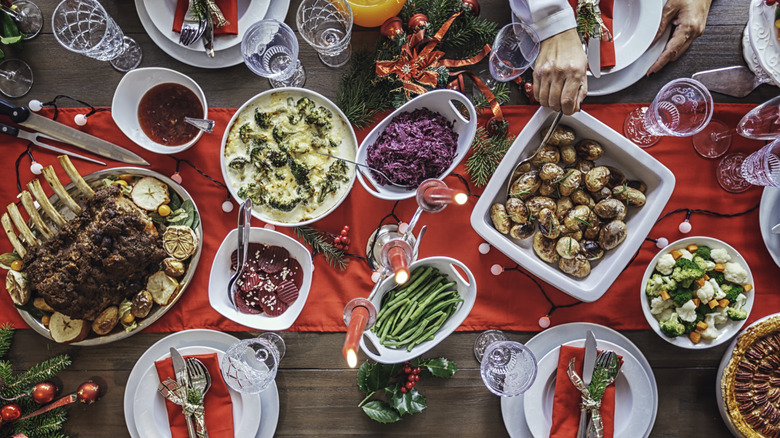 A Christmas feast set up on a dinner table