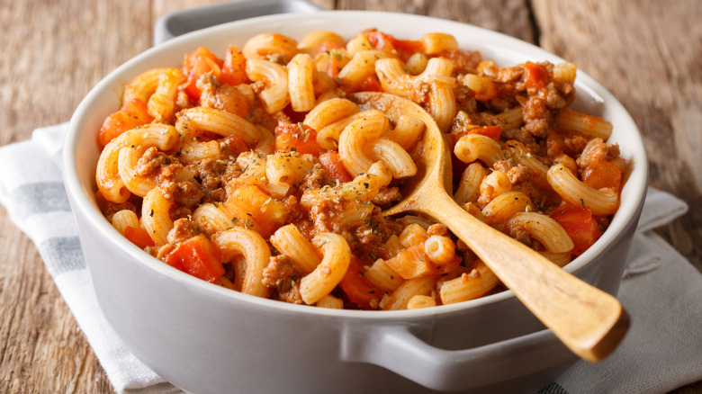 American goulash in a white bowl
